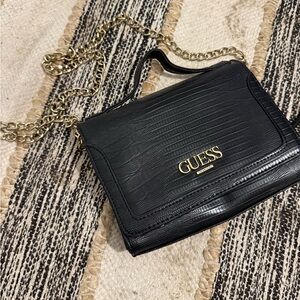 GUESS Black Croc-Embossed Crossbody with Gold Chain